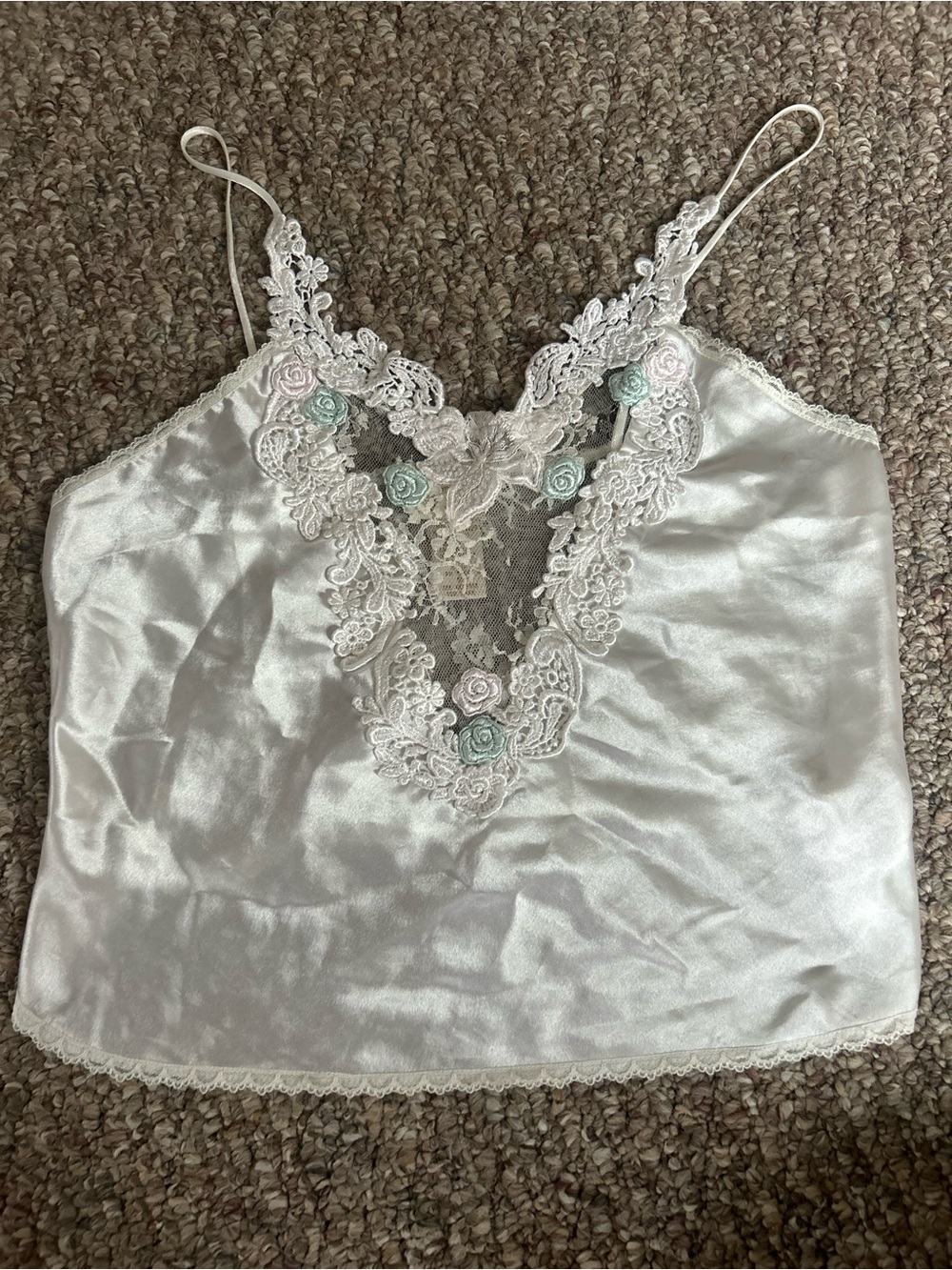 Vintage 90s Victoria's Secret Gold Label White Satin Lace Rosette Camisole Top